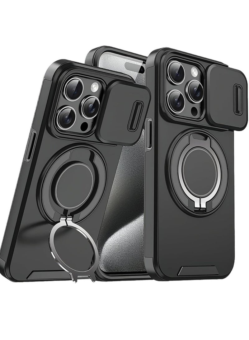 Abania iPhone 16 Pro Max Case with Sliding Camera Cover & 360° Ring Stand, MagSafe Compatible, Military-Grade Shockproof Slim Protective Cover - Black - Image 1